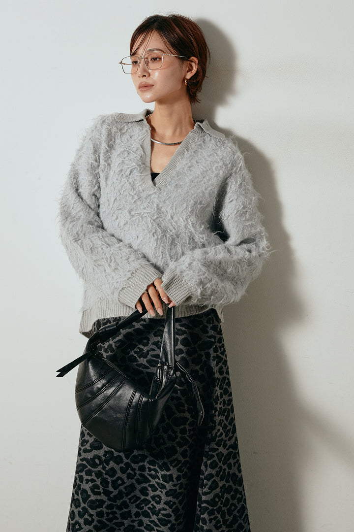 [SET]襟付きシャギーニットポロトップス+レオパードロングスカート(2set)