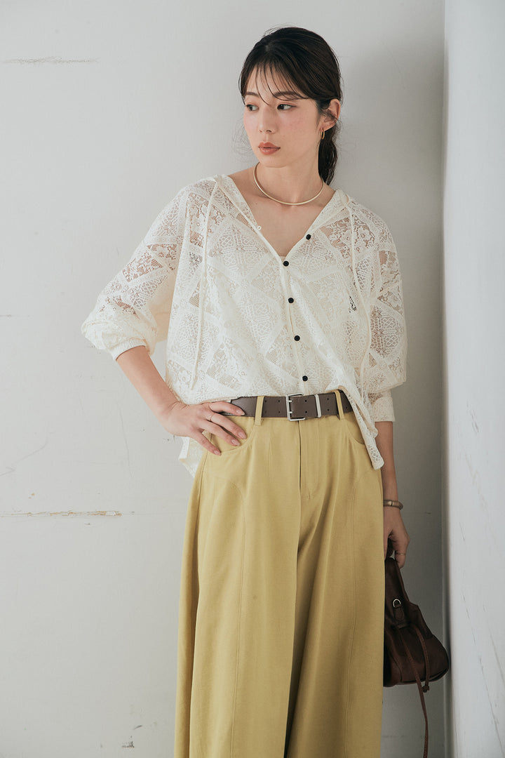 [SET]ブロックレースフード付きブラウス+ベルト付きサイドタックワイドパンツ(2set)