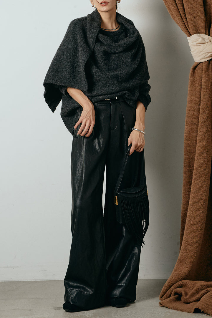 [SET]ネック巻きデザインニットトップス+ベルト付きレザーライクタックパンツ(2set)