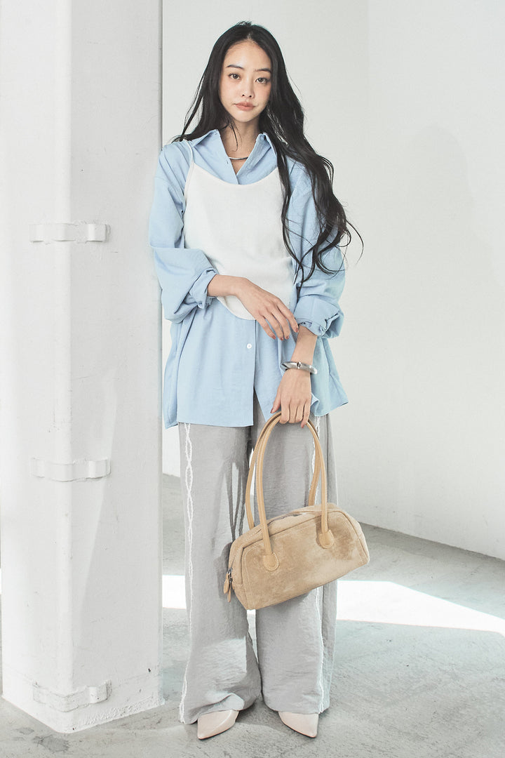 [SET]ニットキャミ付きシャツ+刺繡テープラインパンツ(2set)