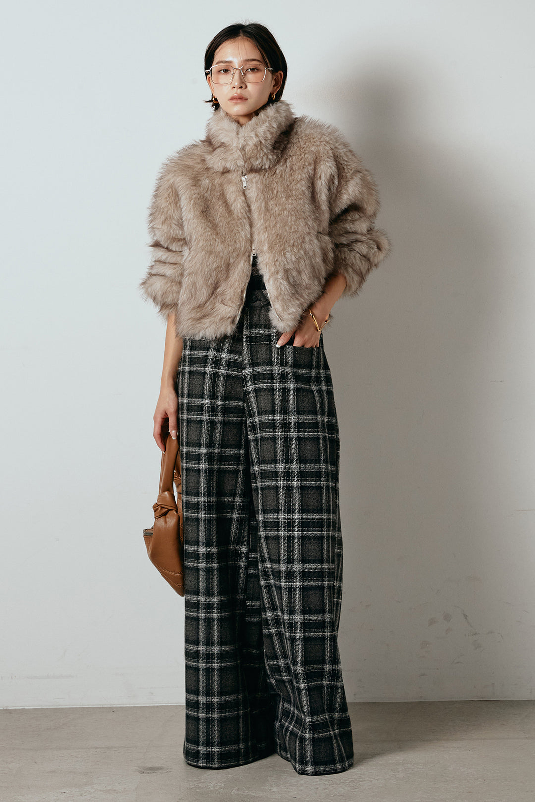 [SET]エコファーショート丈ブルゾン+ルーズタータンチェックワイドパンツ(2set)