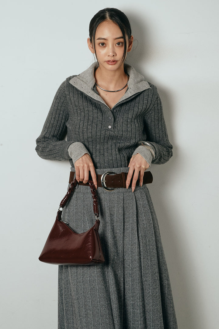 [SET]レイヤード風リブニットトップス+太ベルト付きヘリンボーンプリーツスカート(2set)