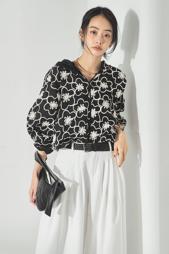 [SET]シアーフラワーフードブルゾン+編みベルト付きウエストタックワイドパンツ(2set)