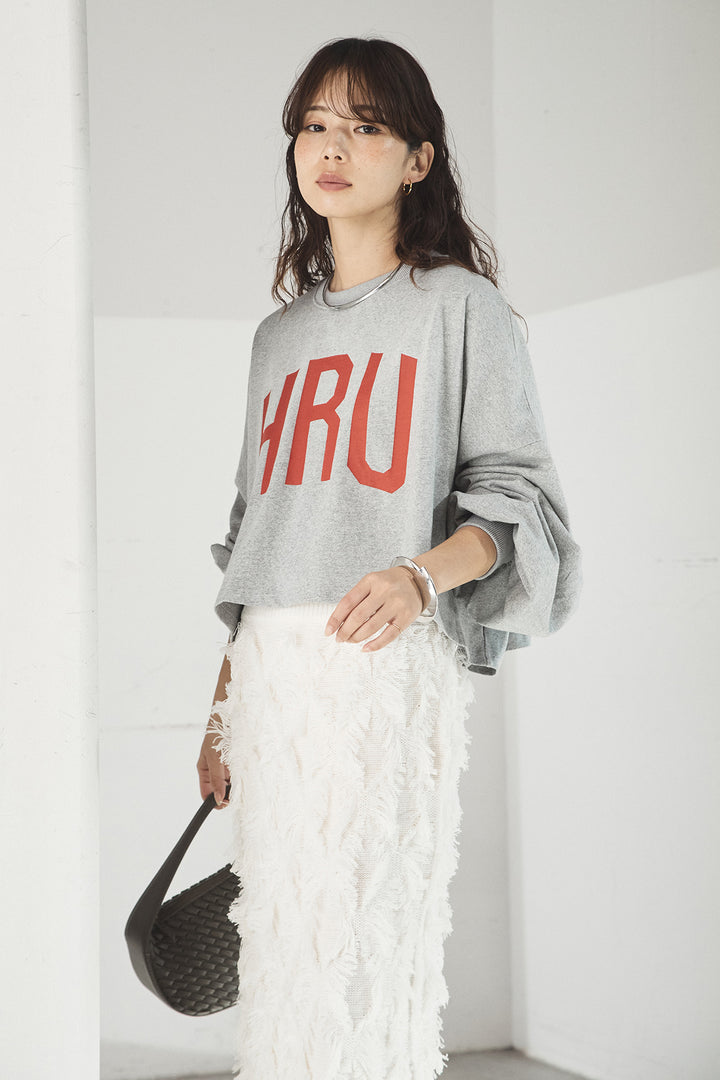 [SET]ビッグロゴHRU袖ボリュームトップス+カットフリンジニットタイトスカート(2set)