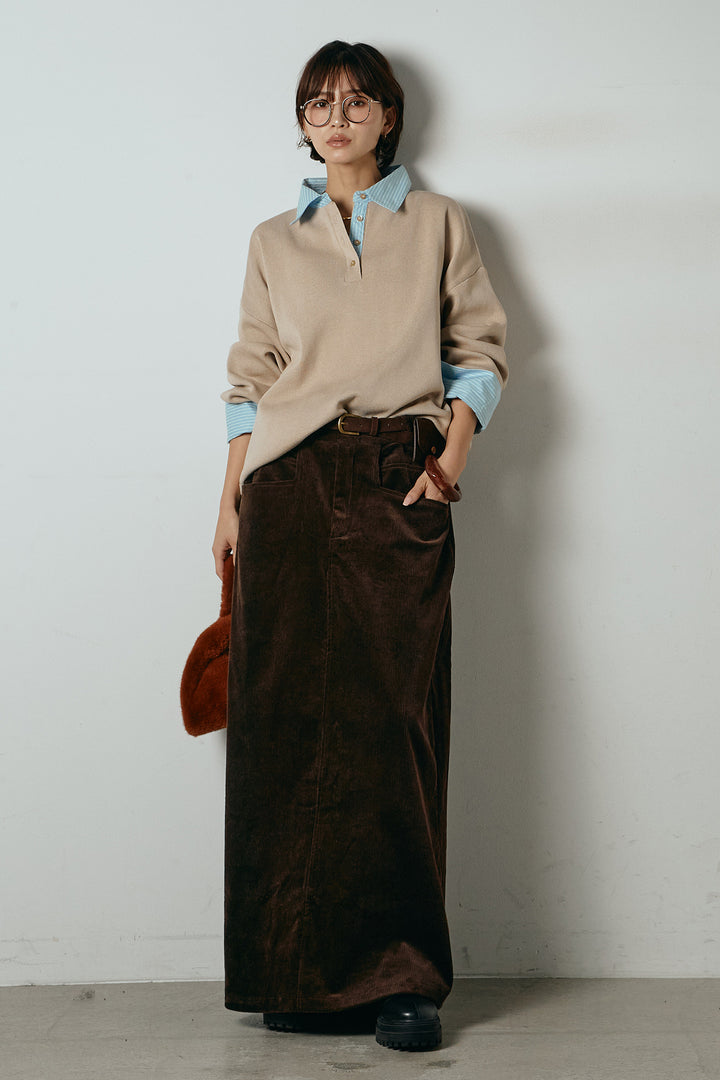 [SET]ストライプシャツドッキングポロトップス+ポーチベルト付きコーデュロイワイドスカート(2set)