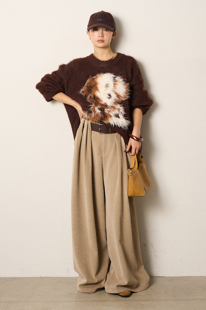 [SET]シャギーニュアンスアニマルニット+ベルトループコーデュロイワイドパンツ(2set)