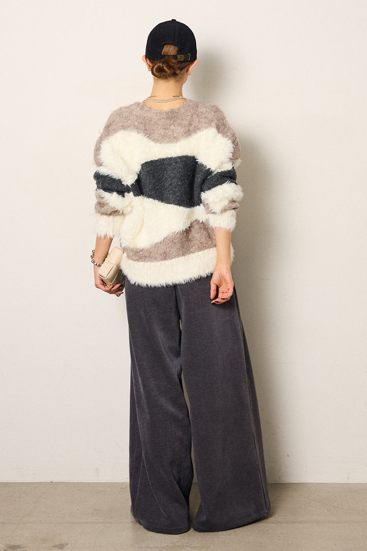 [SET]シャギーウェーブ柄クルーネックニットトップス+ベルトループコーデュロイワイドパンツ(2set)