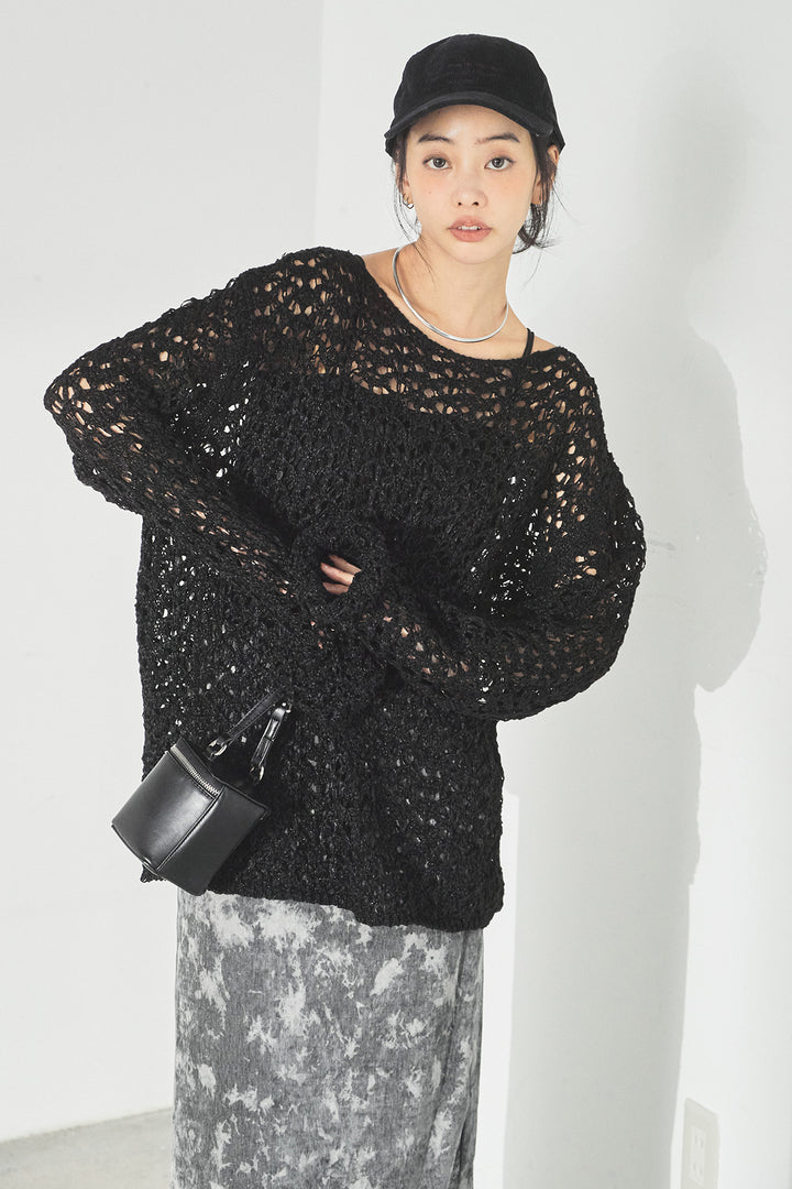 [SET]リラックスメッシュニットトップス+タイダイ柄ベロアワイドスカート(2set)