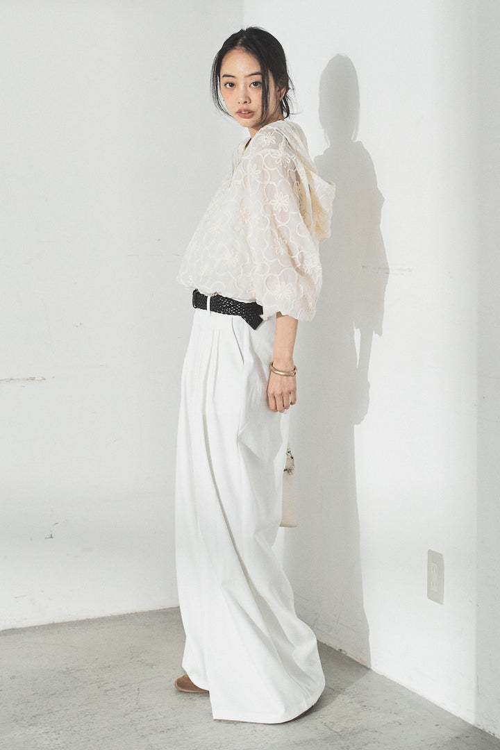 [SET]シアーフラワーフードブルゾン+編みベルト付きウエストタックワイドパンツ(2set)