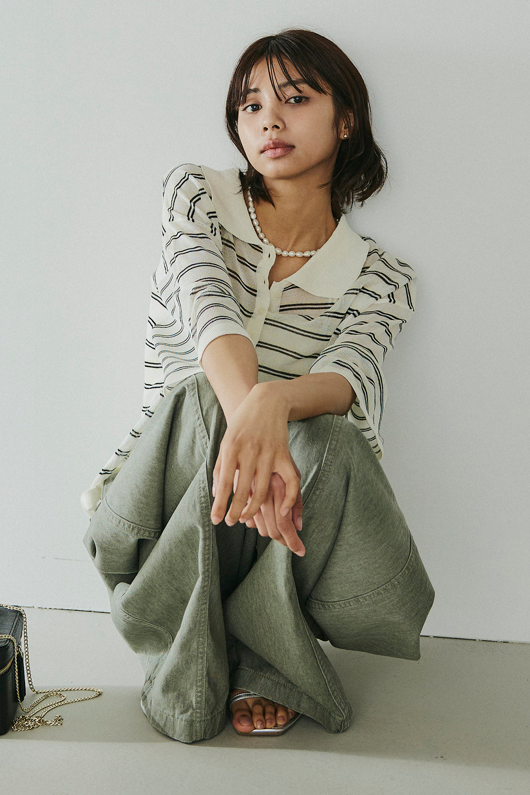 [SET]ボーダーニットポロシャツ+サイドベルトカーブワイドパンツ(2set)