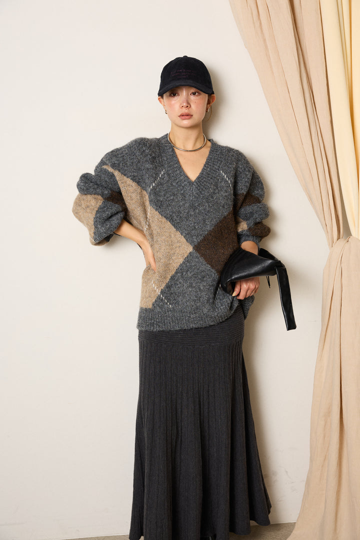 [SET]ルーズアーガイルVネックニット+編み地切り替えフレアニットスカート(2set)