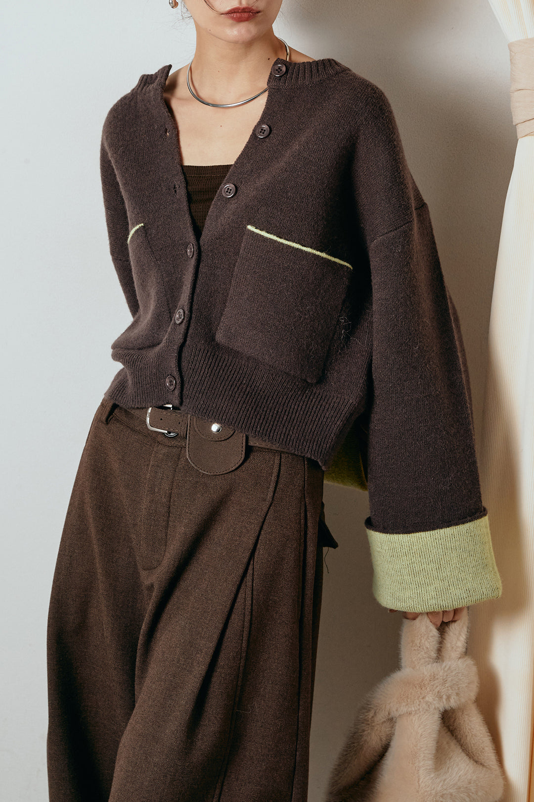 [SET]アルパカタッチダブルフェイスカーディガン+ポーチベルト付きカーブパンツ(2set)