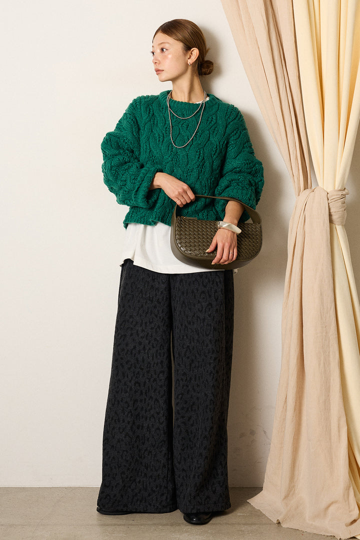 [SET]ケーブルリラックスショートニット+レオパードジャガードニットパンツ(2set)