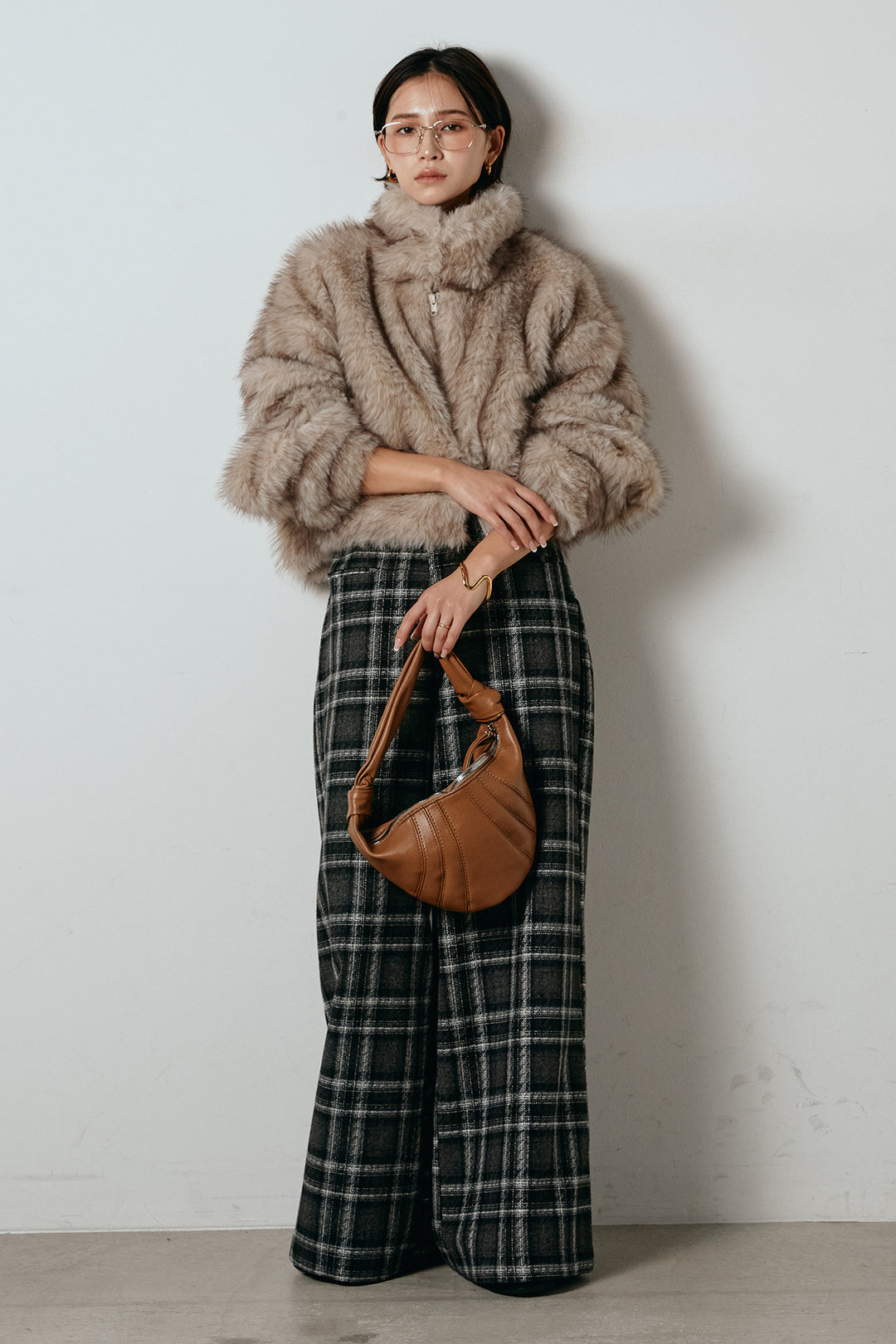 [SET]エコファーショート丈ブルゾン+ルーズタータンチェックワイドパンツ(2set)