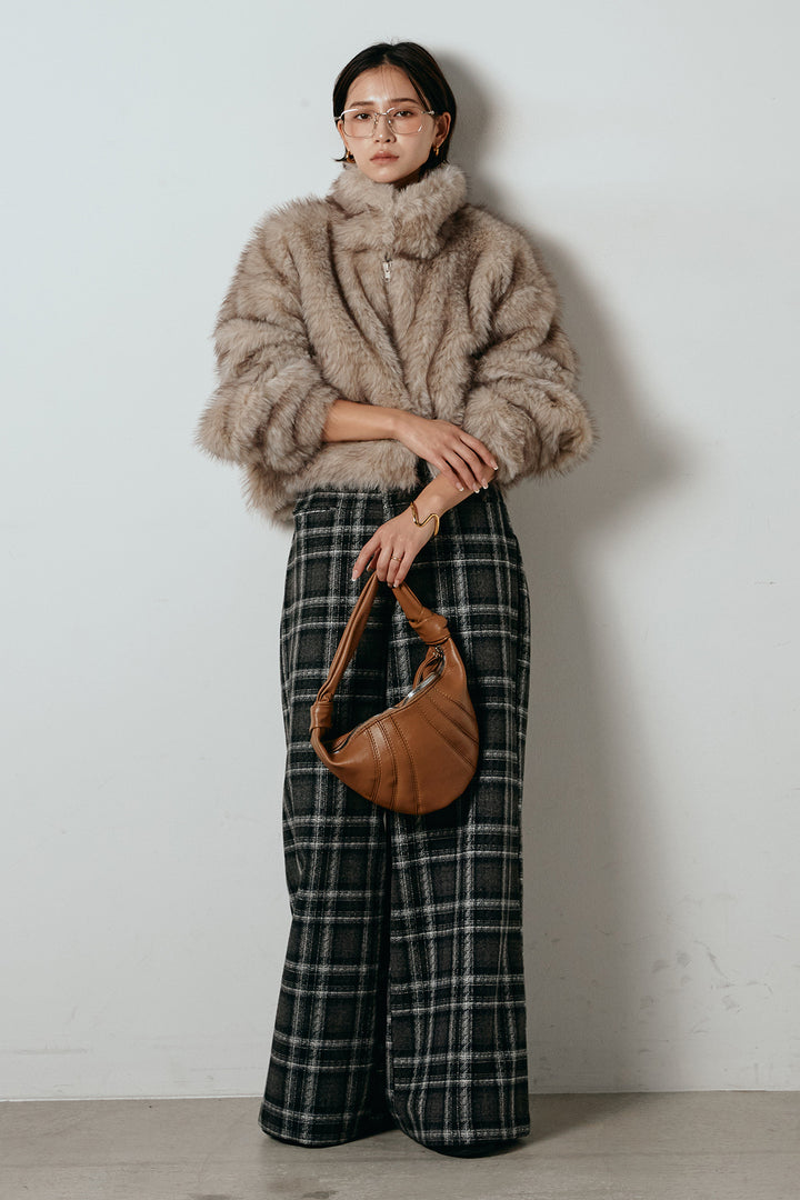 [SET]エコファーショート丈ブルゾン+ルーズタータンチェックワイドパンツ(2set)