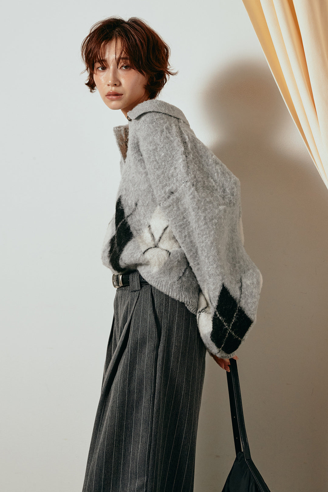 [SET]アーガイル柄ポロニットトップス+ストライプヘリンボーンパンツ(2set)