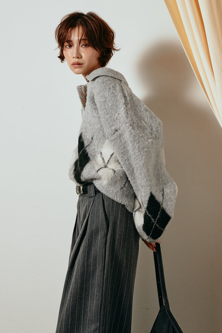 [SET]アーガイル柄ポロニットトップス+ストライプヘリンボーンパンツ(2set)