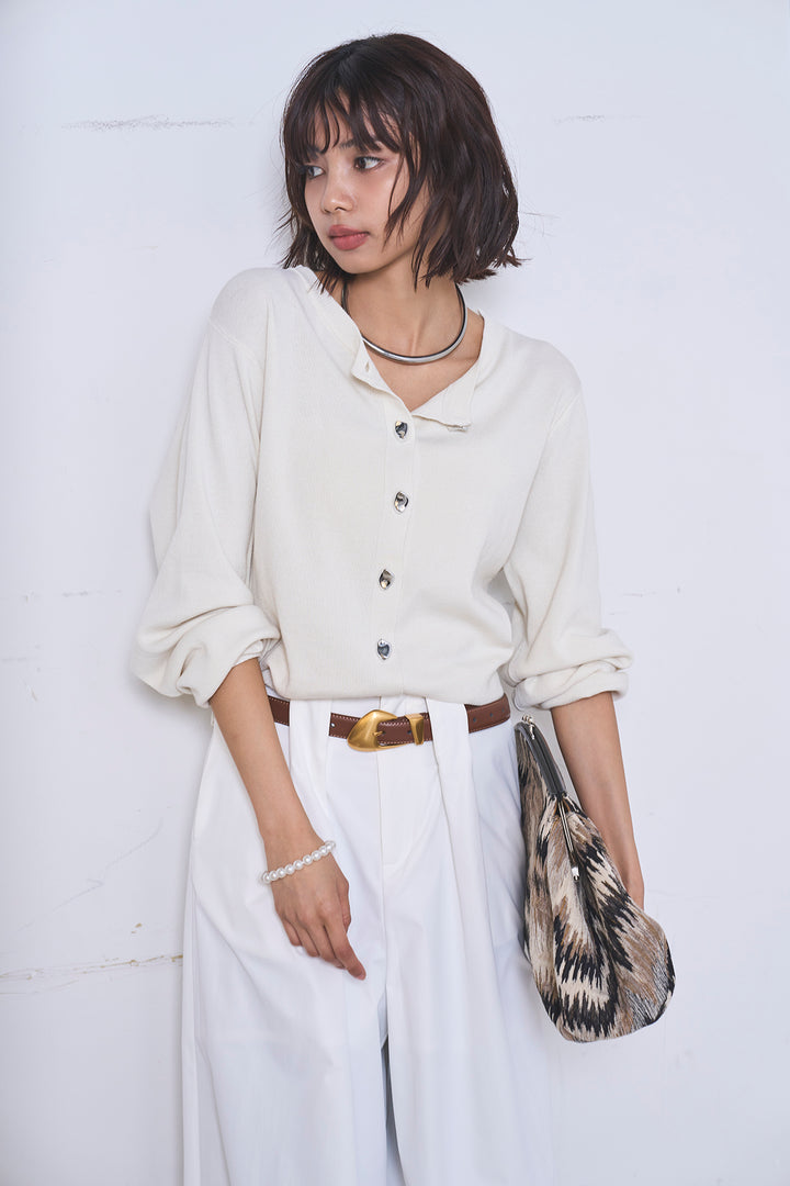 [SET]リサイクルポリニュアンス釦カーデ+ベルトループデザインハイウエストタックパンツ(2set)