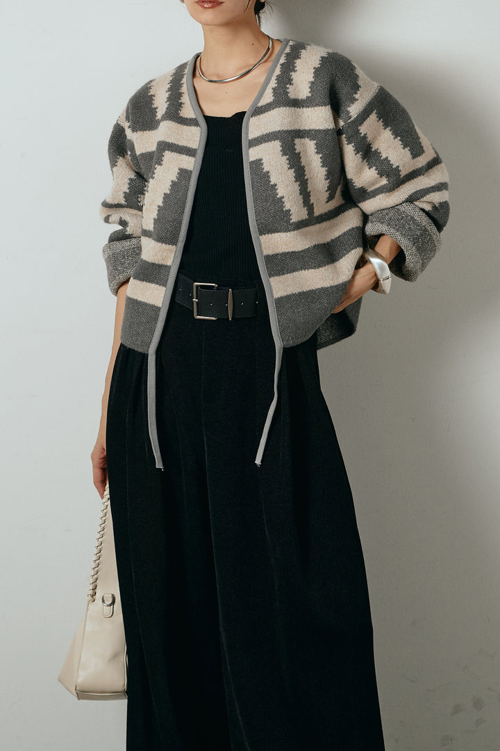 [SET]ノーカラー幾何学模様アウター+ベルトループコーデュロイワイドパンツ(2set)