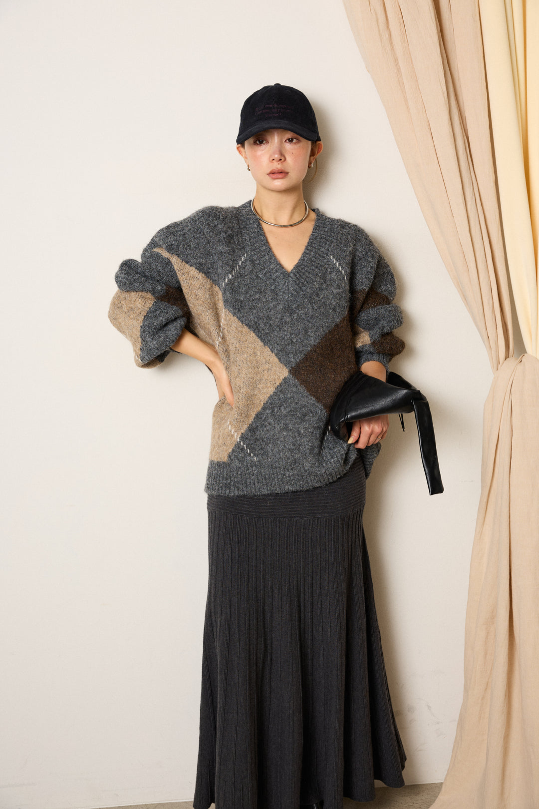 【着回しセット】[SET]ルーズアーガイルVネックニット+ルーズアーガイルVネックニット(2set)