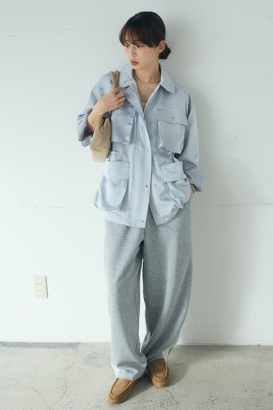 [SET]サテンライトブルゾン+異素材切り替えスウェットパンツ(2set)