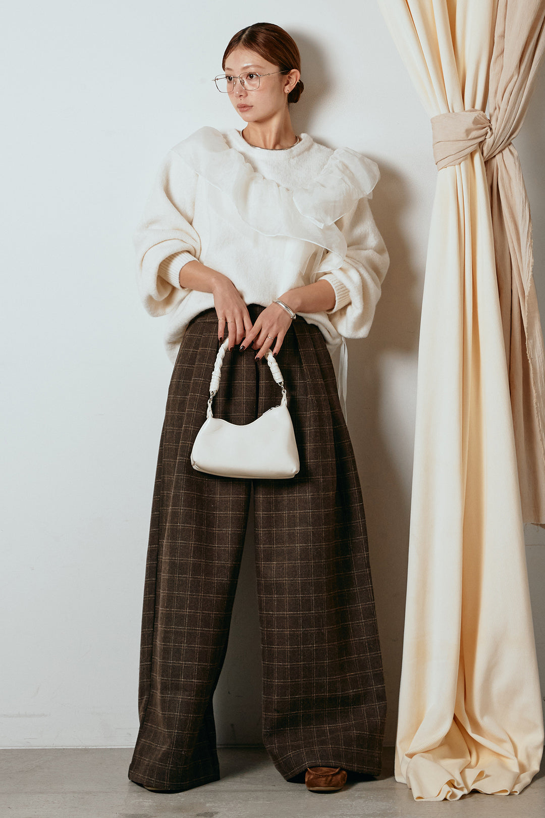 [SET]アシンメトリーフリルニットトップス+ウールライクチェックタックパンツ(2set)