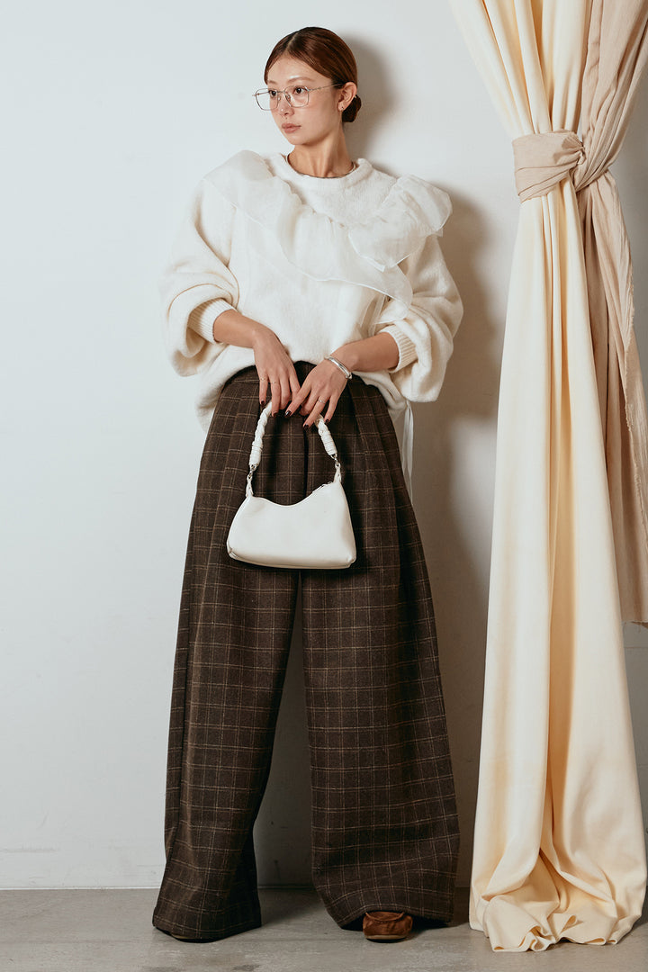 [SET]アシンメトリーフリルニットトップス+ウールライクチェックタックパンツ(2set)