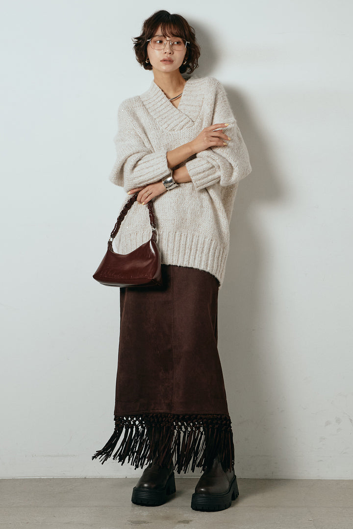 [SET]Vネックラメニットトップス+スウェードライク裾フリンジスカート(2set)