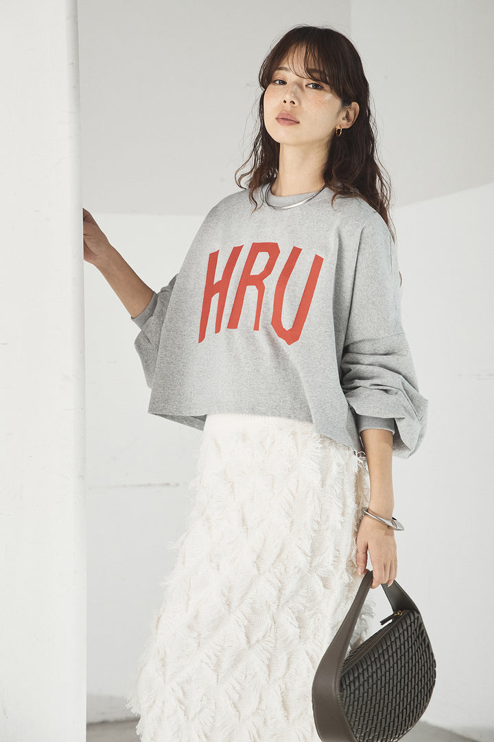 [SET]ビッグロゴHRU袖ボリュームトップス+カットフリンジニットタイトスカート(2set)