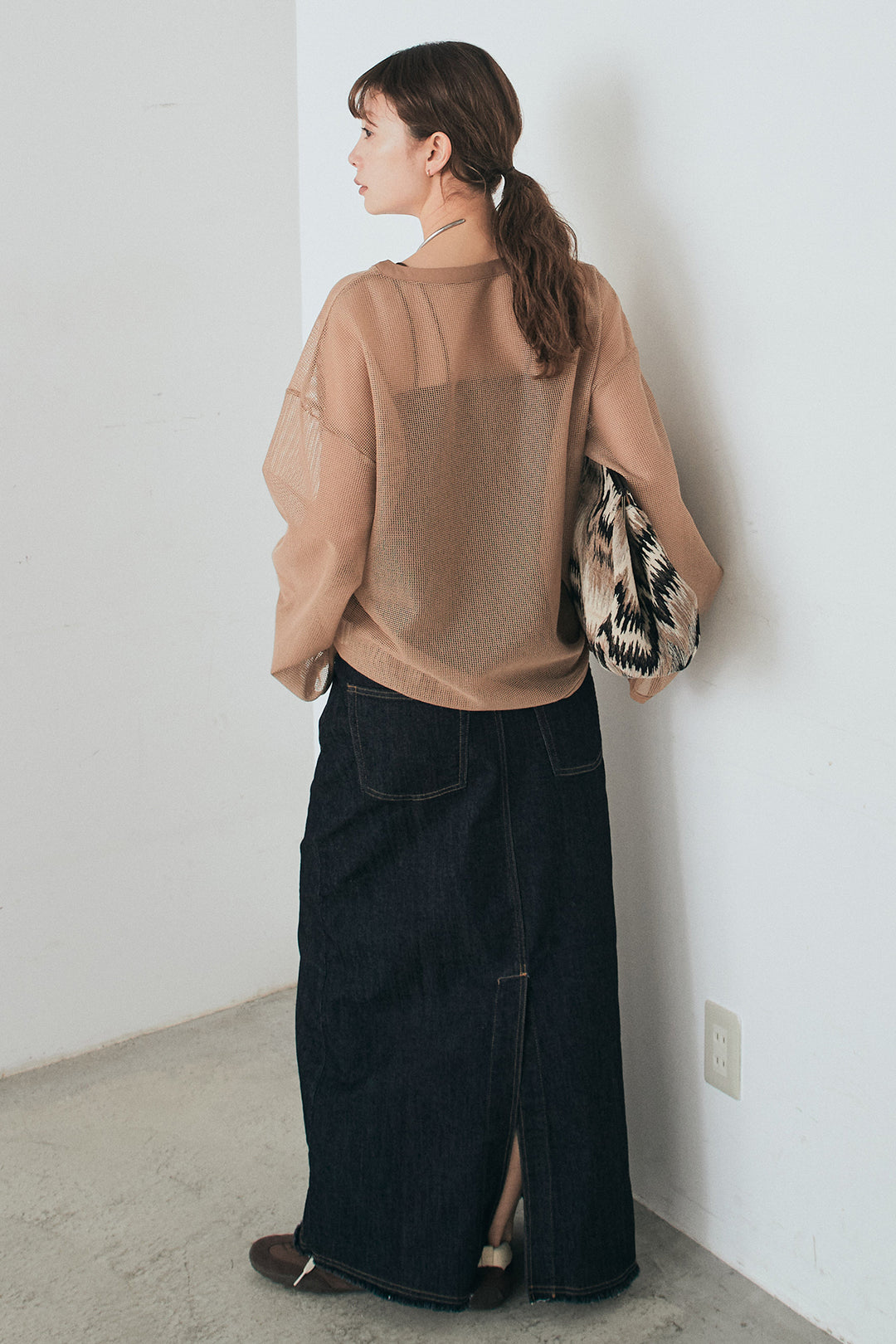 [SET]メッシュカットソースキッパープルオーバー+ウエストクロスデニムタイトスカート(2set)