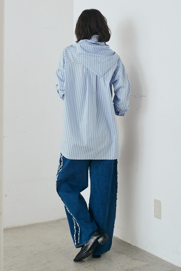 [SET]ランダムストライプスカーフ付きシャツ+デニムサイドフリルパンツ(2set)