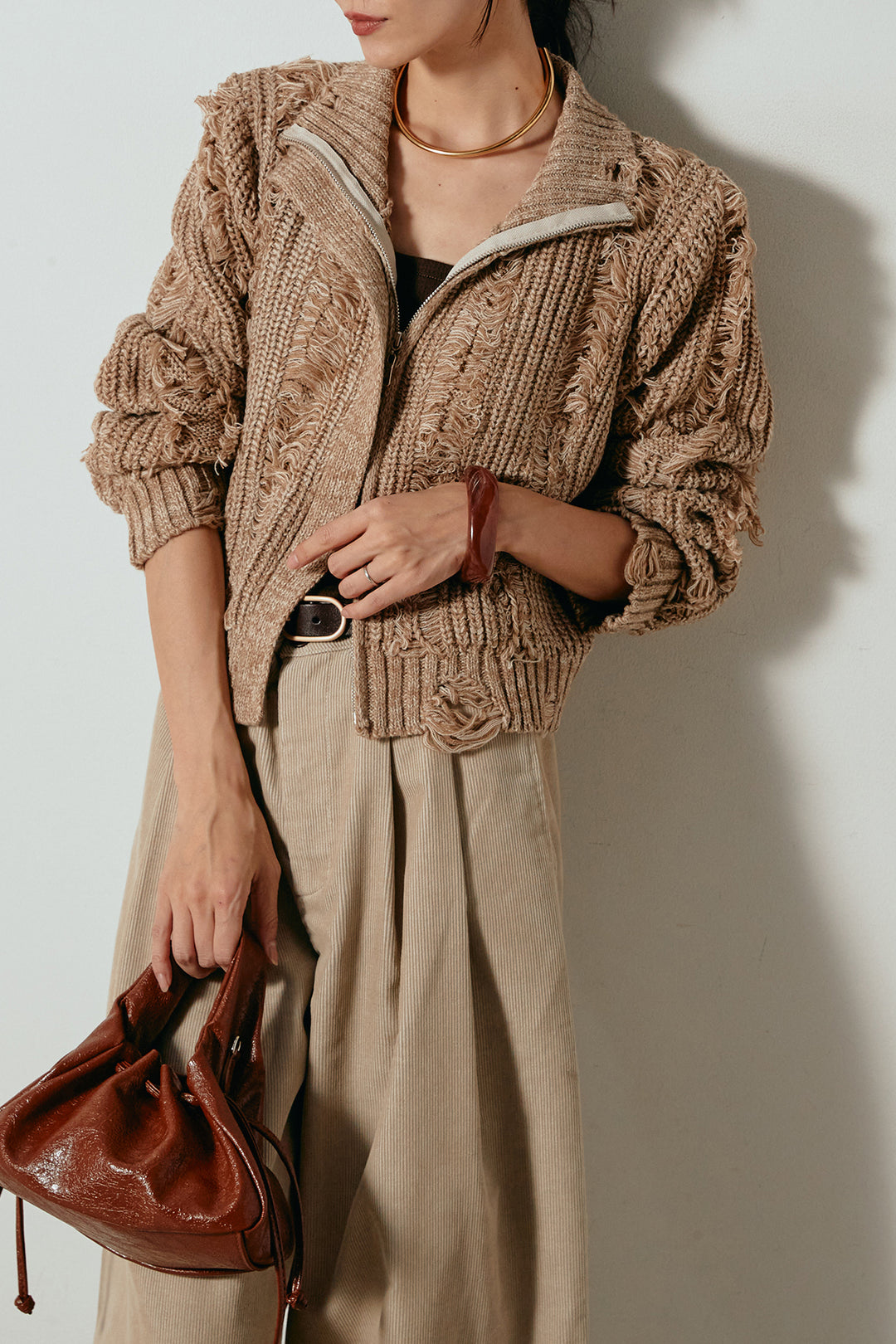 [SET]ハイネックフリンジジップニットトップス+フロントタック入りコーデュロイパンツ(2set)