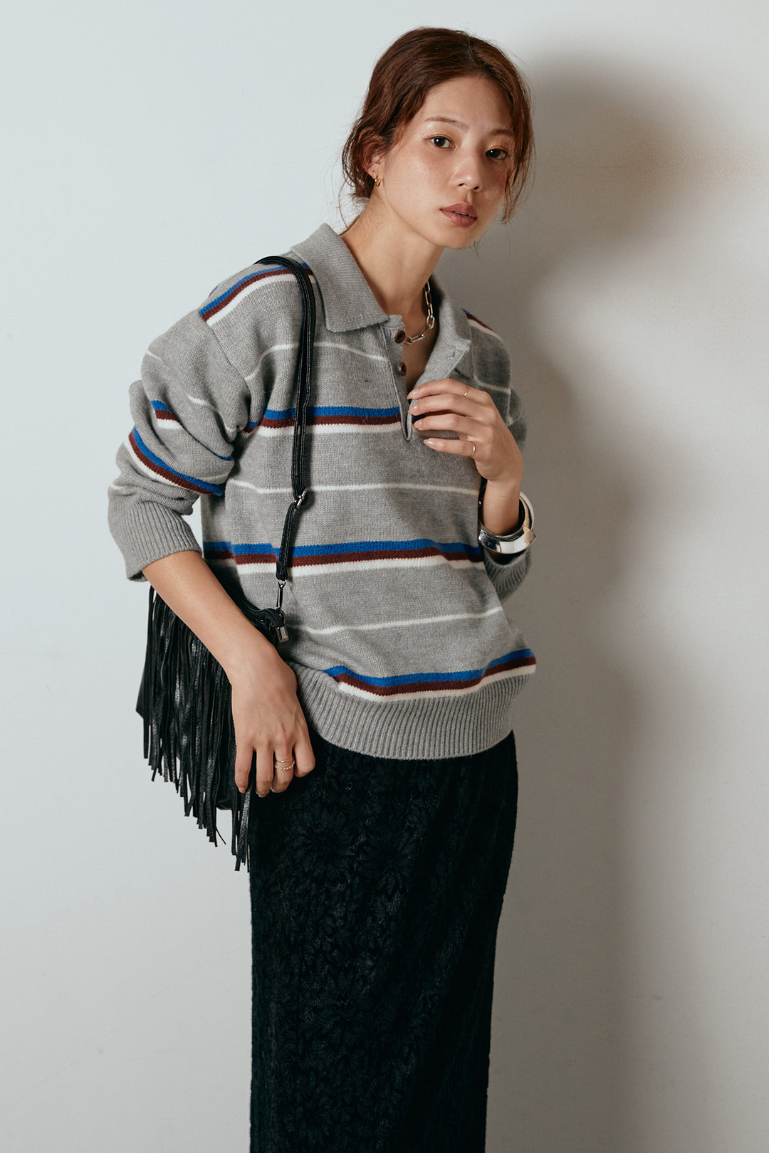 [SET]襟付きマルチボーダーニットポロトップス+花柄刺繍ベロアフレアスカート(2set)