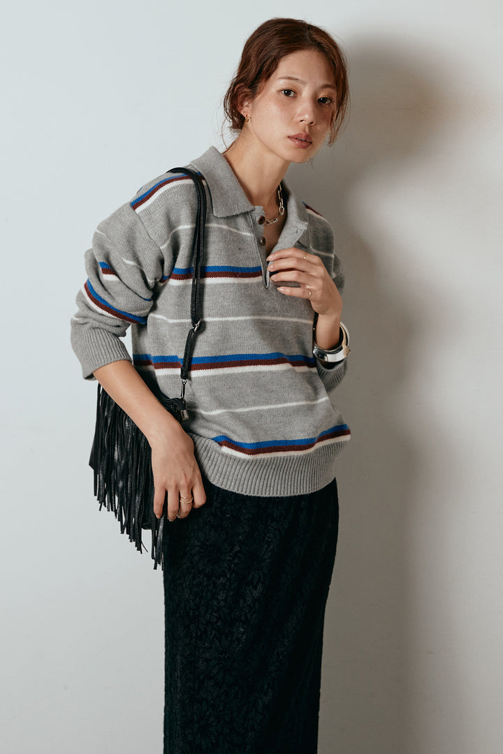 [SET]襟付きマルチボーダーニットポロトップス+花柄刺繍ベロアフレアスカート(2set)