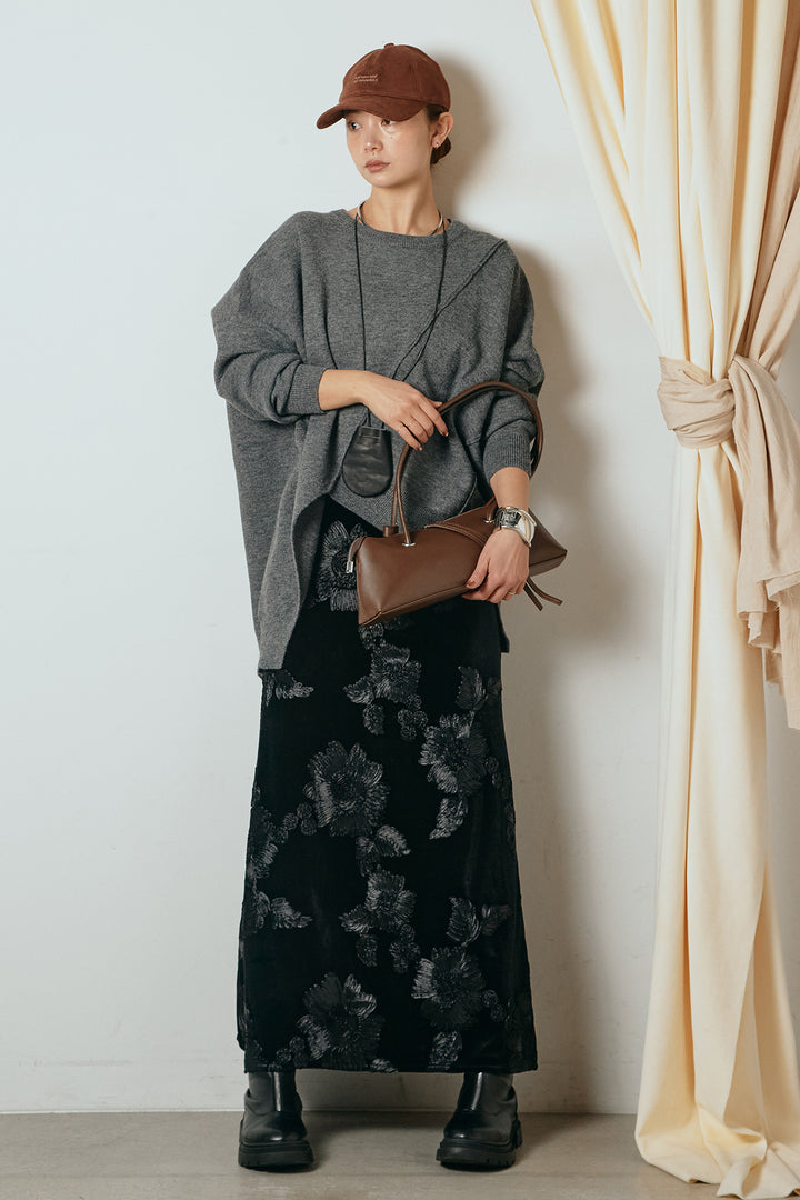 [SET]アシンメトリーデザインニットトップス+フラワー刺繍ワイドスカート(2set)