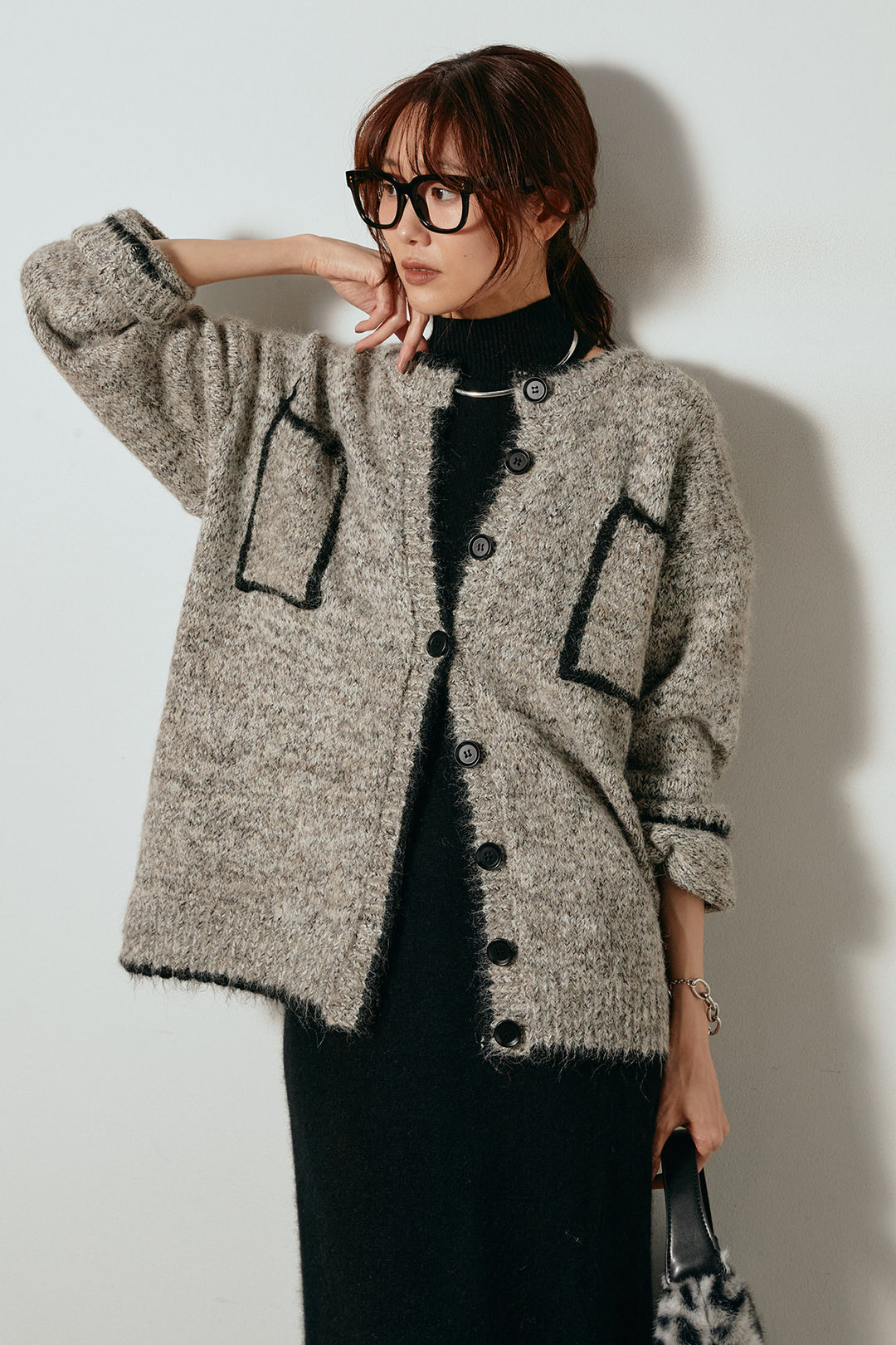 [SET]ミックスニットポケットカーディガン+ノースリーブニットロングワンピース(2set)