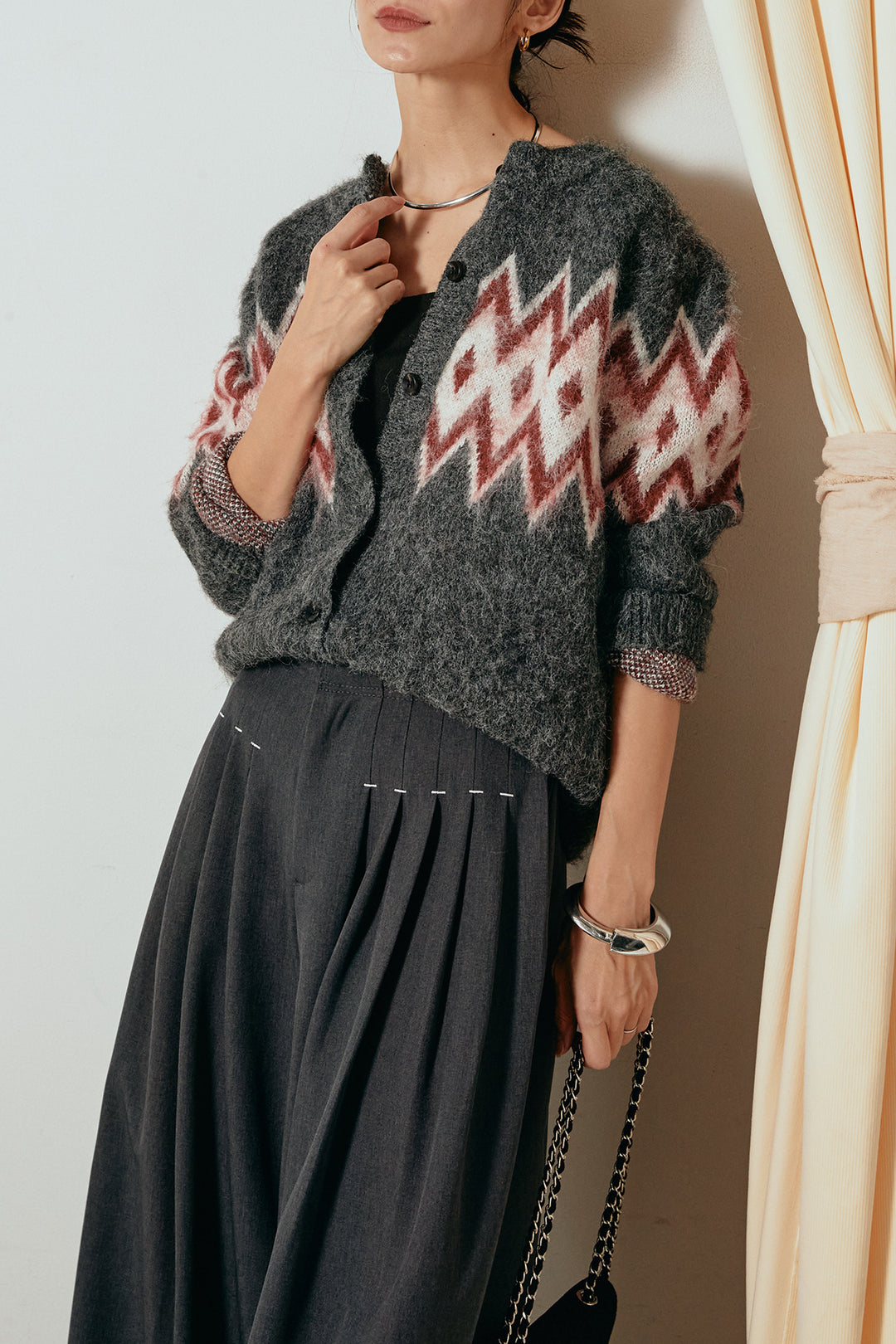 [SET]起毛ノルディック柄ニットカーディガン+ウエストステッチデザインワイドスラックス(2set)