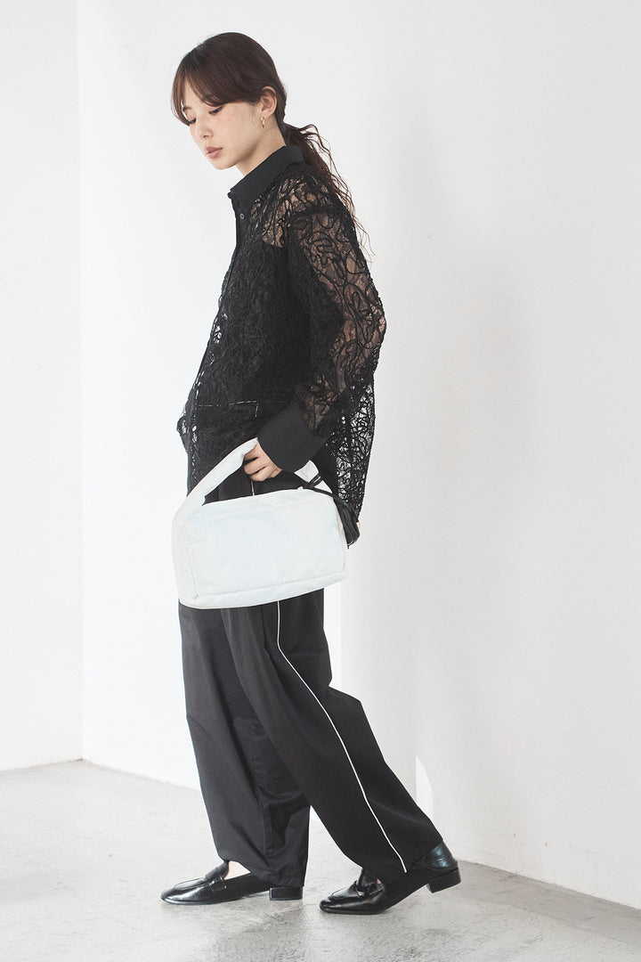 [SET]刺繍レースオーバーサイズシャツ+合繊ツイルパイピングタックカーブパンツ(2set)
