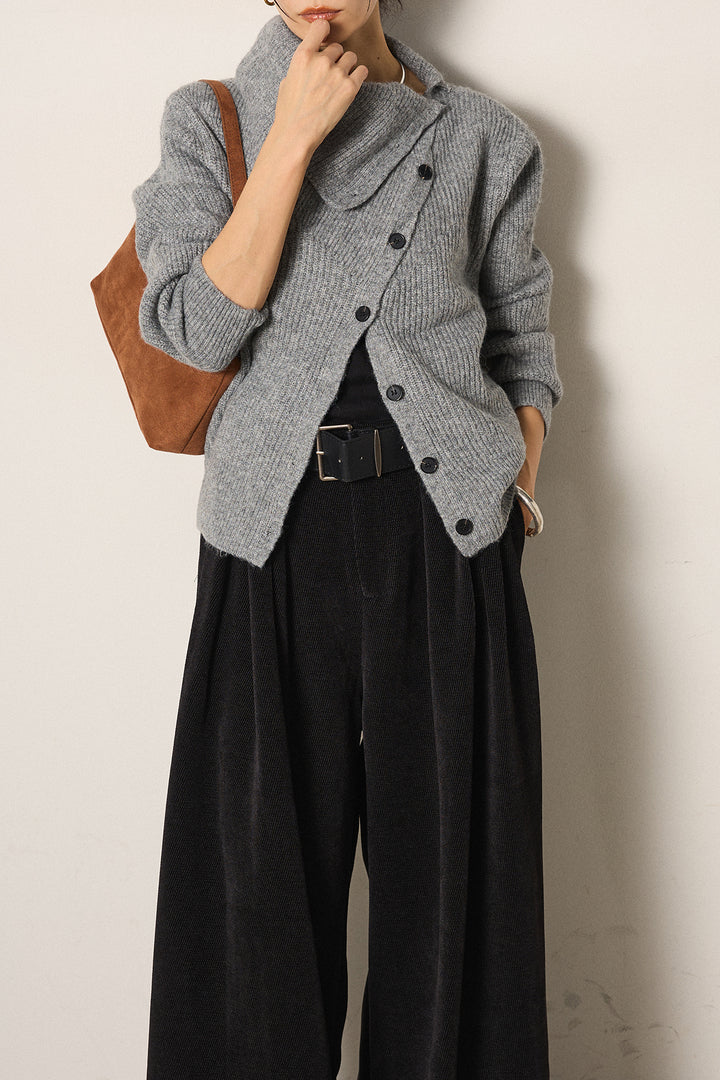 [SET]ボタンデザインネックニットプルオーバー+ベルトループコーデュロイワイドパンツ(2set)