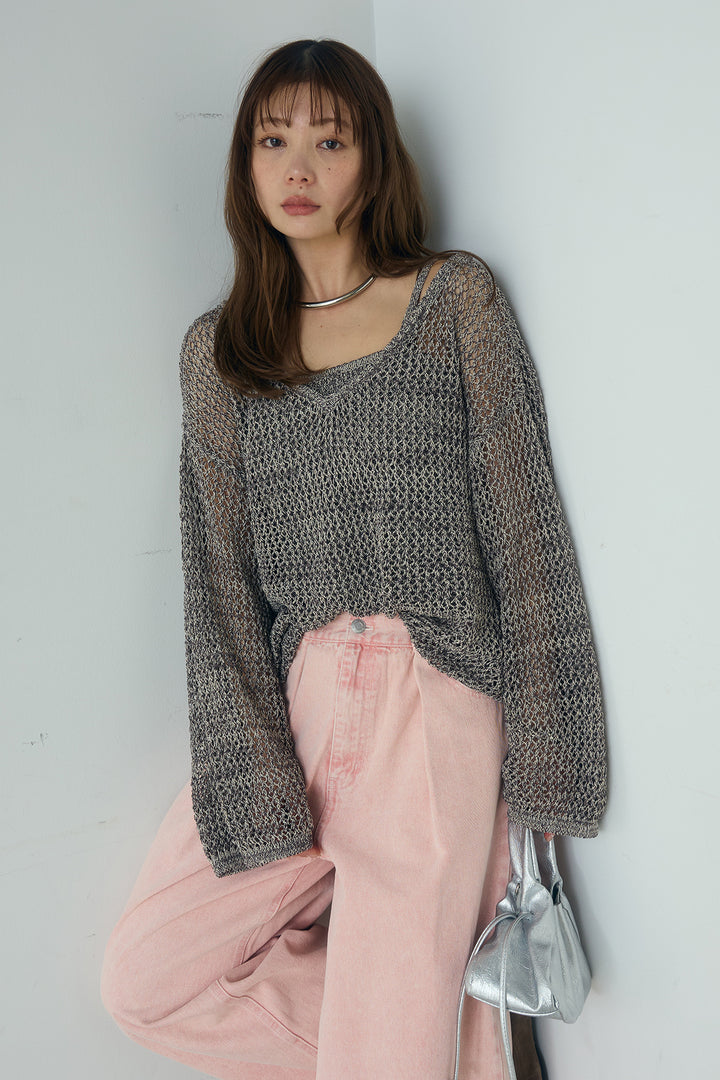 [SET]メッシュ編みビスチェセットVネックプルオーバー+カラーデニムタックカーブパンツ(2set)