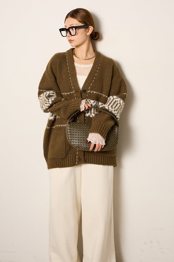 [SET]ライン柄ステッチニットカーディガン+裏起毛スウェットワイドパンツ(2set)