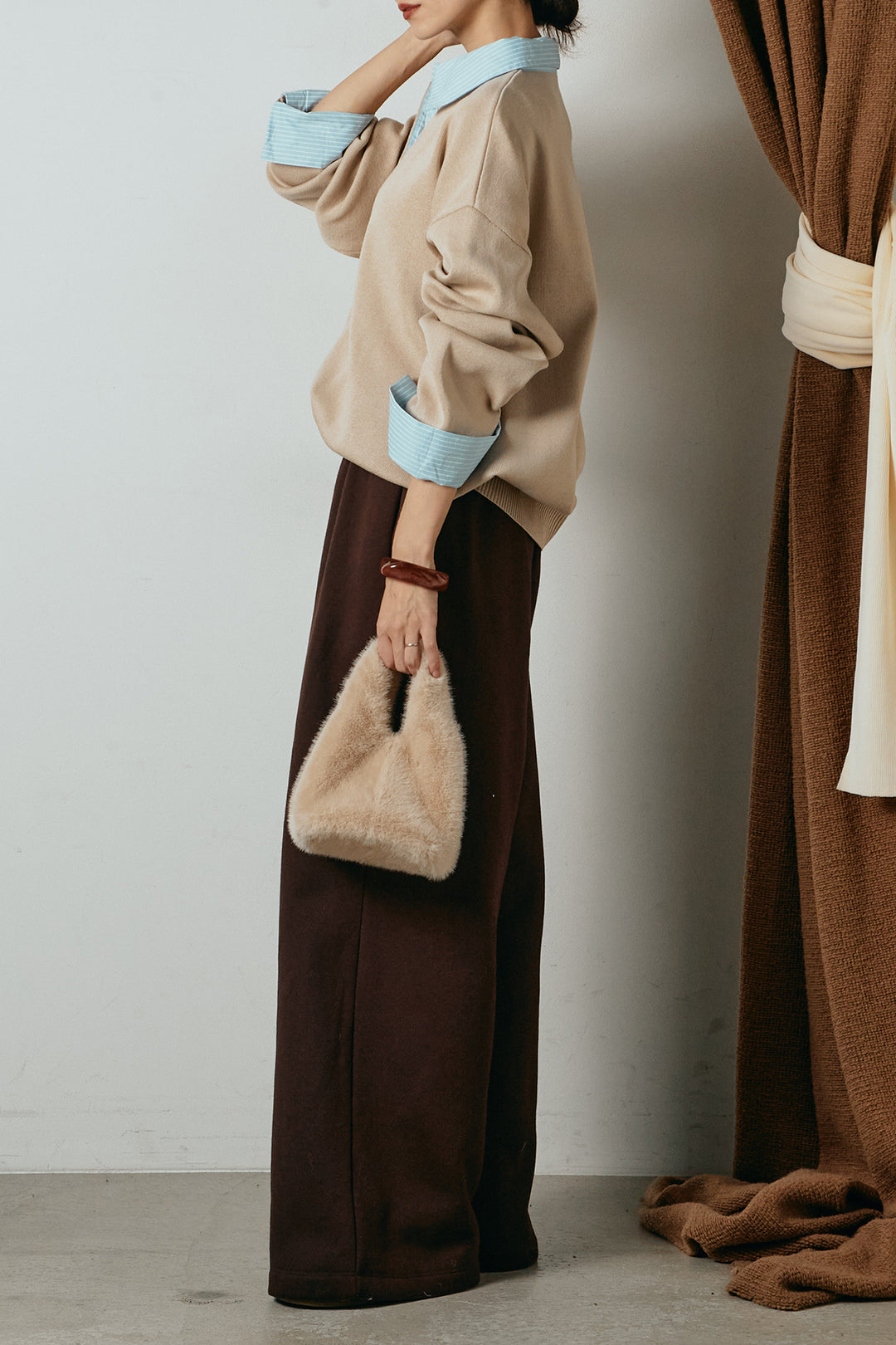 [SET]ストライプシャツドッキングポロトップス+裏起毛スウェットワイドパンツ(2set)