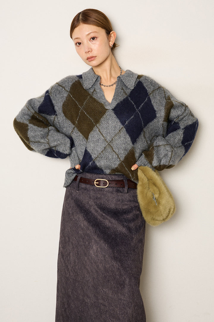 [SET]アクリルモヘアアーガイルキーネックプルオーバー+ロープベルト付きスウェード調スカート(2set)
