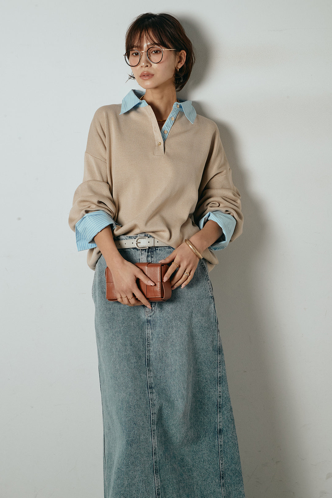 [SET]ストライプシャツドッキングポロトップス+デニムロングフレアスカート(2set)