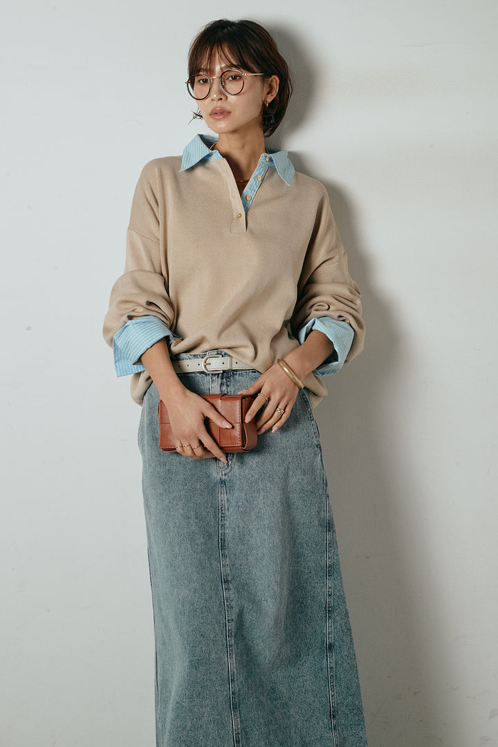 [SET]ストライプシャツドッキングポロトップス+デニムロングフレアスカート(2set)