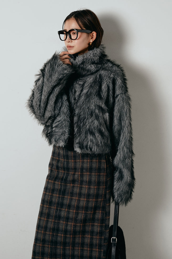 [SET]エコファーショート丈ブルゾン+シャギーチェックストレートスカート(2set)