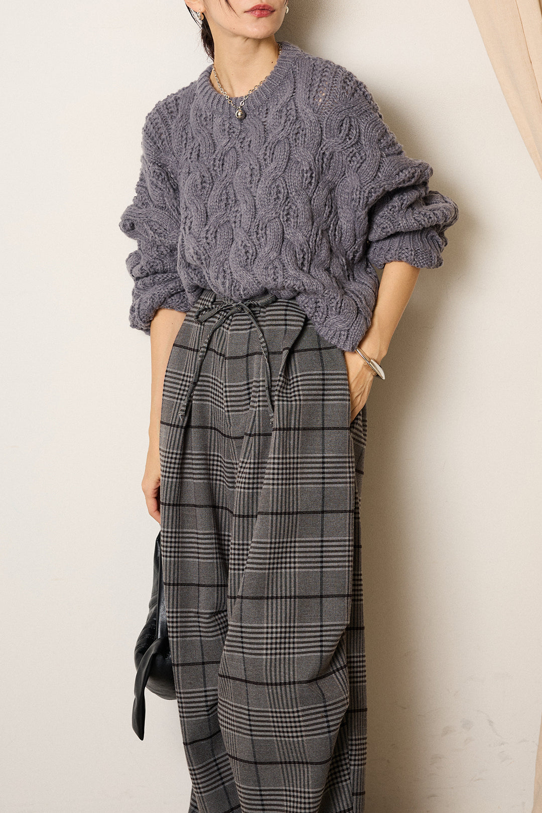 [SET]ケーブルリラックスショートニット+グレンチェックルーズタックパンツ(2set)