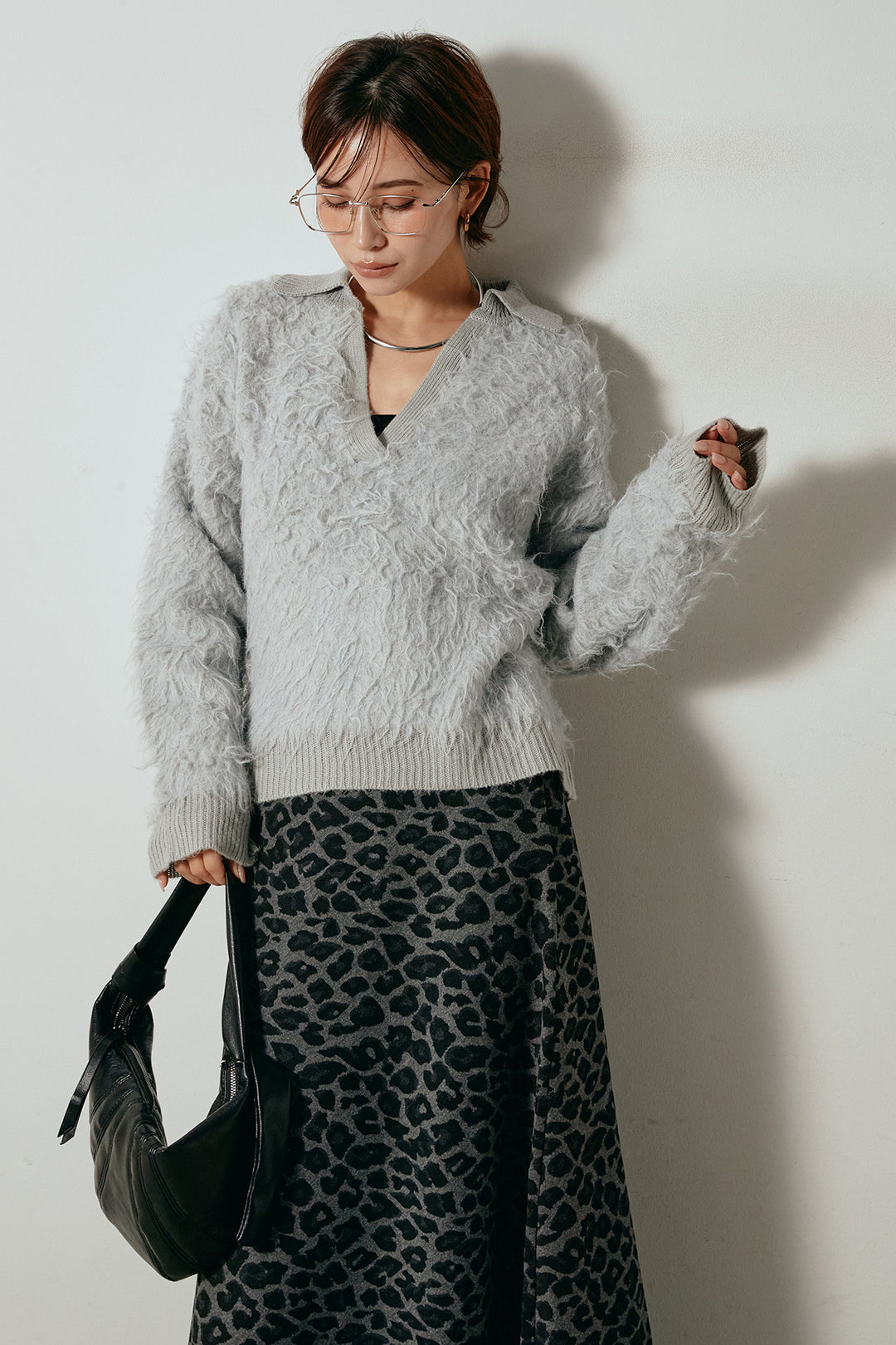 [SET]襟付きシャギーニットポロトップス+レオパードロングスカート(2set)