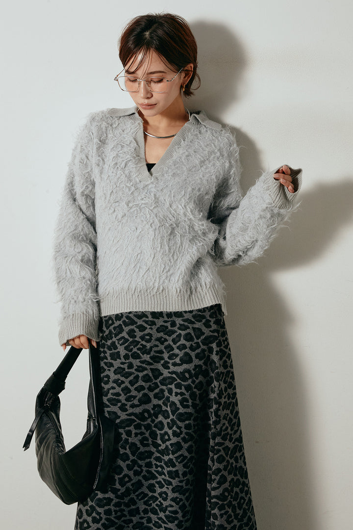 [SET]襟付きシャギーニットポロトップス+レオパードロングスカート(2set)