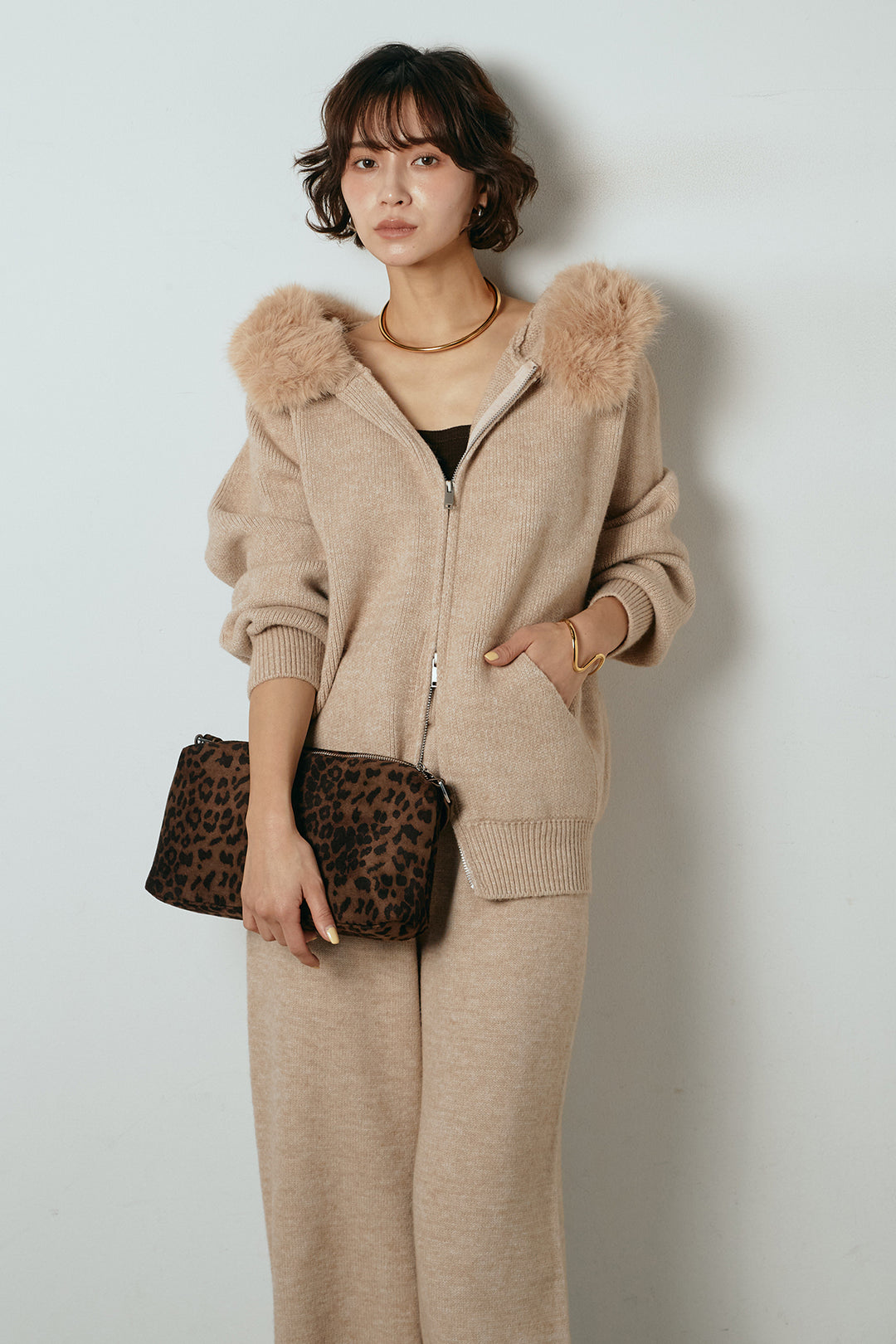 【着回しセット】[SET]ファー付きフーディーニットSETUP+ビッグカラーダブルジップニットSETUP(2set)